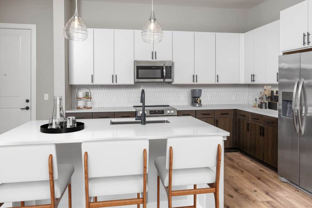 virtually staged apartment kitchen with stainless steel appliances